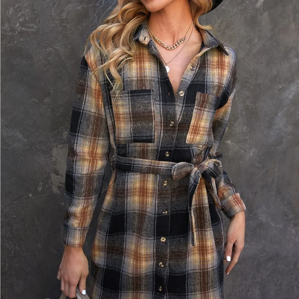 Colorblock Plaid Casual Pocket Belted Shirt Mini Dress - Picture 4 of 4